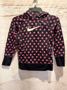 Nike Girls Long Sleeve Pink and Black Polka Dot Fleece Thermafit Hoodie Size M